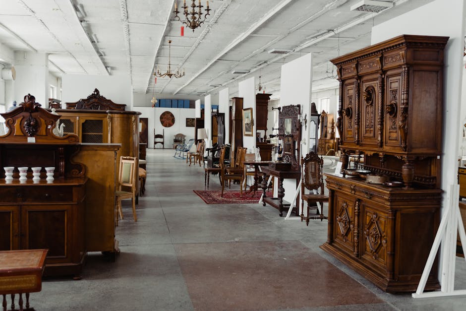 A spacious indoor furniture warehouse with high ceilings and exposed white-painted brick walls, featuring an array of antique wooden furniture such as cabinets, dressers, and side tables arranged along the length of the room. The objects are made of dark, polished wood with intricate carvings, some positioned on the concrete floor and others displayed on white dividers. The lighting is provided by several ceiling chandeliers, casting a warm glow over the scene. In the background, a few chairs and framed pictures are visible, along with a red patterned rug laid on the floor. The environment appears calm and organized, suitable for home relocation or furniture transport purposes, indicating the kind of setting where Man and Van Pimlico may manage packing, loading, and transportation processes with care for fragile or antique pieces.