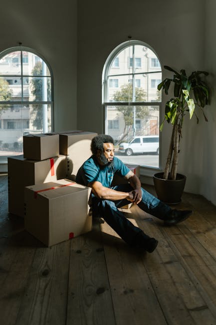 A man with curly hair and a beard, dressed in a blue t-shirt and dark trousers, is sitting on a wooden floor inside a room with large, arched windows that allow natural daylight to illuminate the space. Several cardboard boxes, some sealed with red packing tape, are stacked around him, indicating a home relocation or packing process. The room features a tall potted plant with broad green leaves positioned near the right window, adding a touch of greenery to the scene. The windows overlook an urban street with parked cars and residential buildings visible in the background. The interior has a minimalist aesthetic with plain white walls and wooden flooring, suggesting a preparation stage for moving. The image is relevant to furniture transport and packing and moving services provided by Man and Van Pimlico, with the boxes and setting illustrating the logistics involved in a same-day Pimlico removals or quick house move.